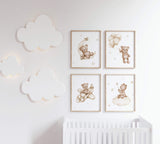 Set of 4 neutral teddy bear printable in beige and brown colors for gender neutral pastel nursery decor.