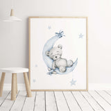 Watercolor teddy bear on the moon poster in light blue and gray colors for newborn boys room decor.