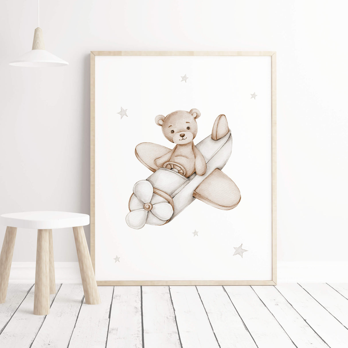 Watercolor teddy bear in airplane in light gray and beige color print for gender neutral nursery decor.