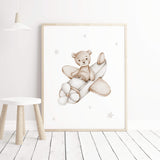 Watercolor teddy bear in airplane in light gray and beige color print for gender neutral nursery decor.