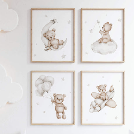 Set of 4 watercolor teddy bear in stone white color print for gender neutral nursery decor.