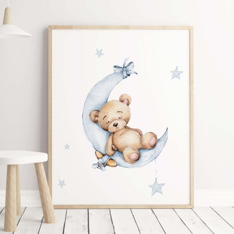 Watercolor teddy bear with light blue moon and stars print for boys and toddler nursery decor.