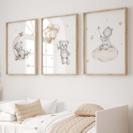 Set of 3 watercolor teddy bear print for gender neutral nursery decor.