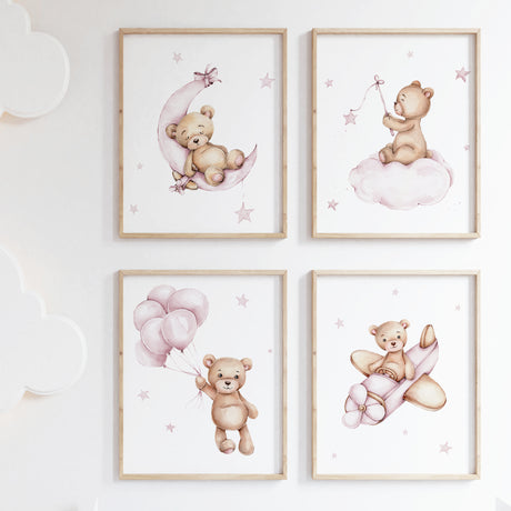 Set of 4 pink teddy bear prints for baby girls nursery decor.