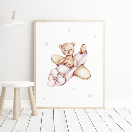 Watercolor teddy bear with airplane in pink color for baby girls room decor.