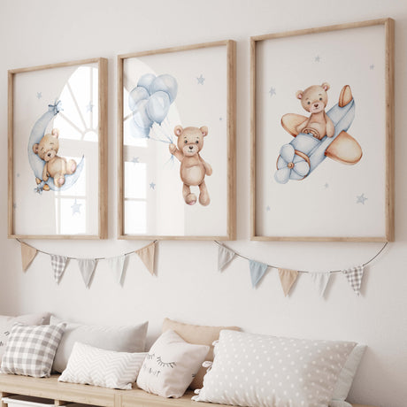 Set of 3 light blue teddy bear prints for pastel toddler room decor.