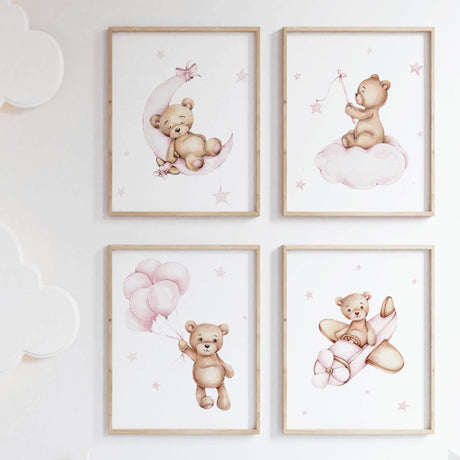 Watercolor teddy bear print in light pink and brown colors for baby girls room decor, includes teddy bear on the moon, on the cloud, with balloon, in airplane.