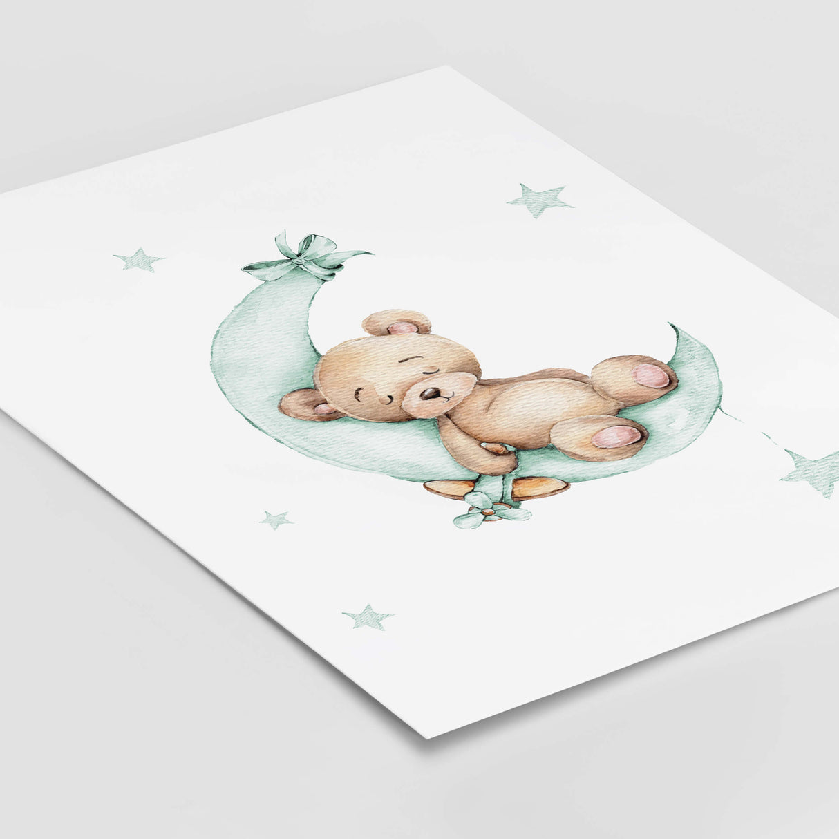 Watercolor teddy bear print on the moon in pastel mint brown color for gender neutral nursery decor.