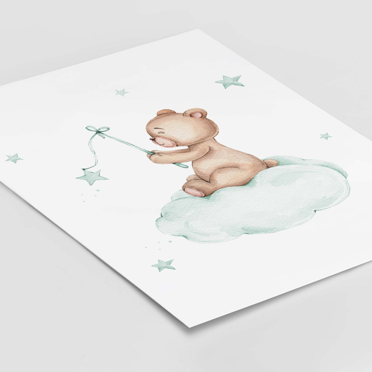 Watercolor teddy bear print on the cloud in pastel mint brown color for gender neutral nursery decor.