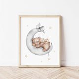 Watercolor teddy bear on the moon print in gray, brown, yellow colors for gender neutral nursery decor, baby girls room decor, toddler room decor, baby boys room decor.