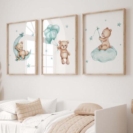 Watercolor dark mint teddy bear print for gender neutral nursery decor.