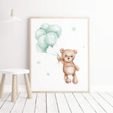 Watercolor teddy bear print with balloon print in pastel turquoise brown color for gender neutral nursery wall art