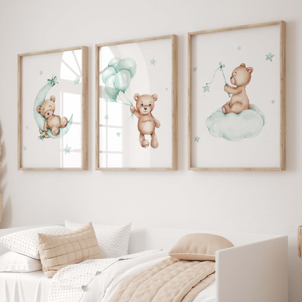 Set of 3 watercolor teddy bear print in mint and brown colors for gender neutral nursery decor.