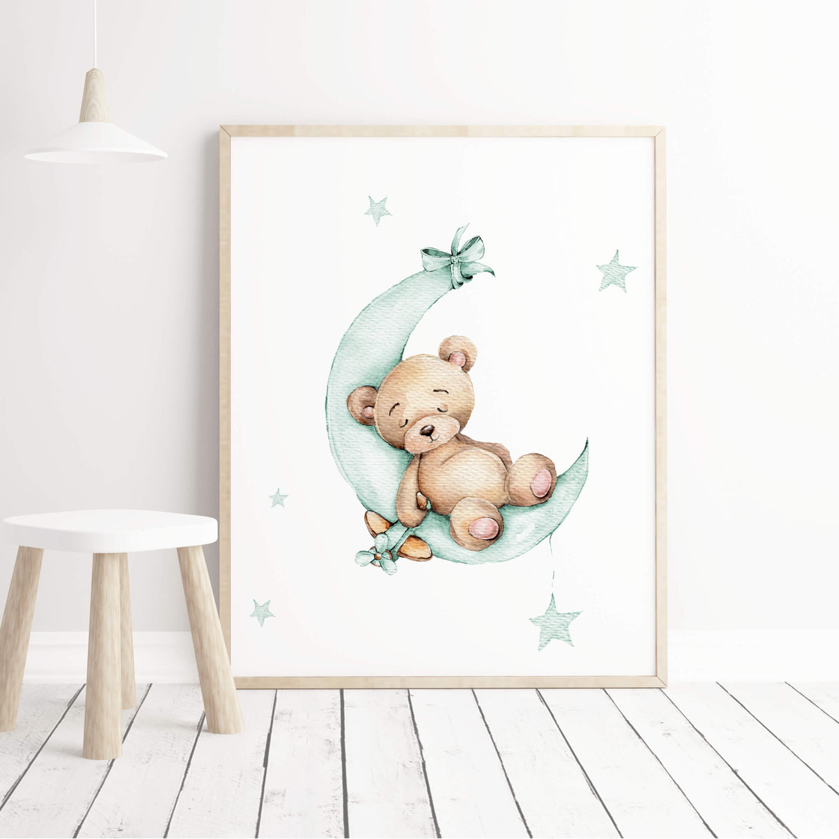 Watercolor teddy bear print on the moon in pastel mint brown color for gender neutral nursery decor.