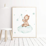 Watercolor teddy bear print on the cloud in pastel mint brown color for gender neutral nursery decor.