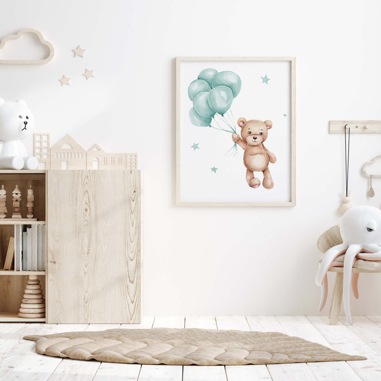 Watercolor dark mint teddy bear with balloon print for gender neutral nursery decor.