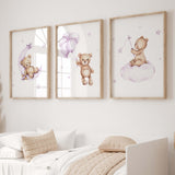 Set of 3 watercolor purple teddy bear print for baby girls room decor.