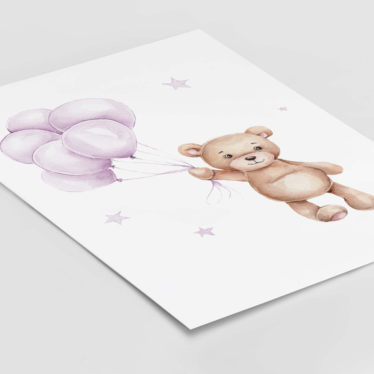 Watercolor purple brown teddy bear with balloon print for baby girls room decor.