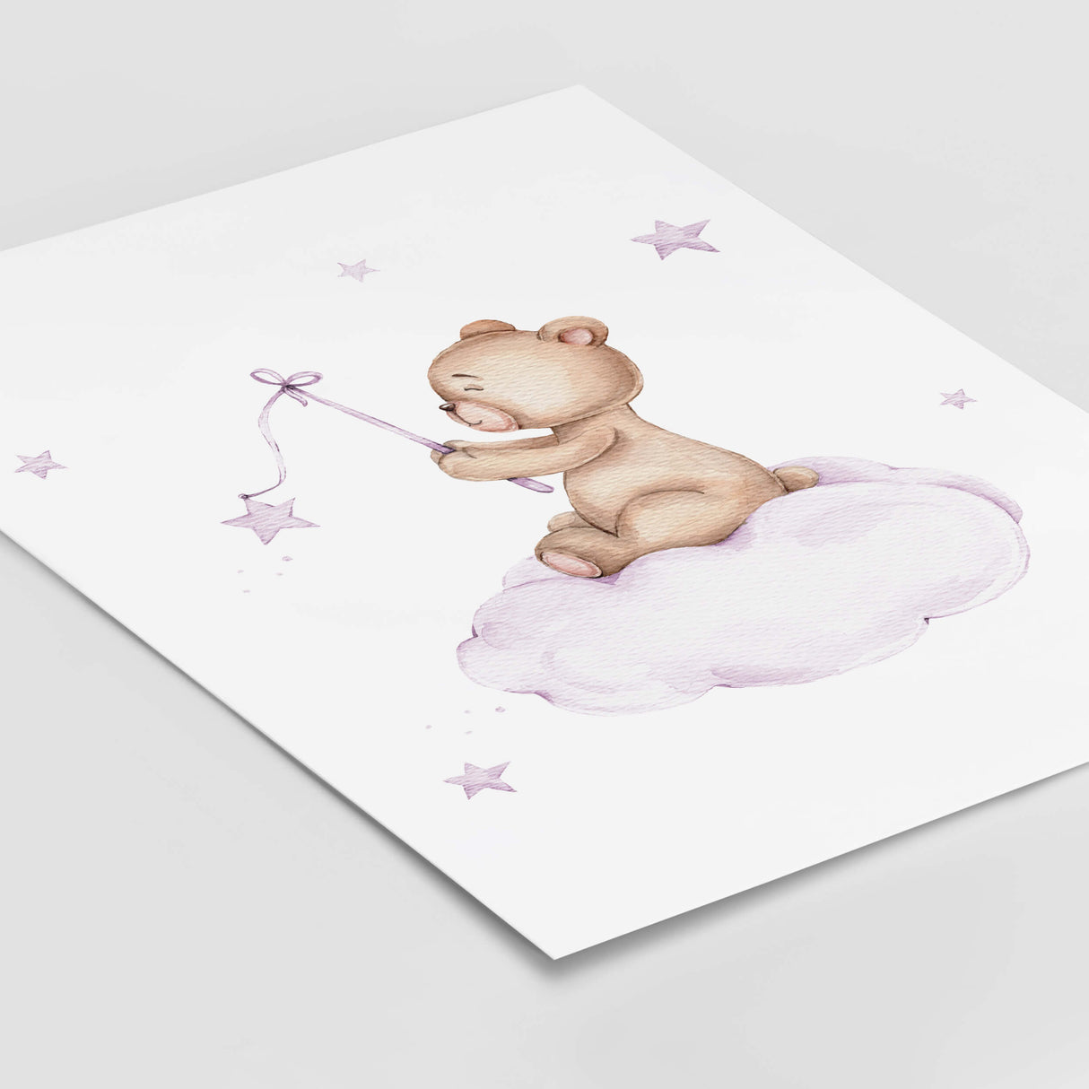 Watercolor teddy bear on the cloud in lilac, purple brown colors print for baby girls room decor.