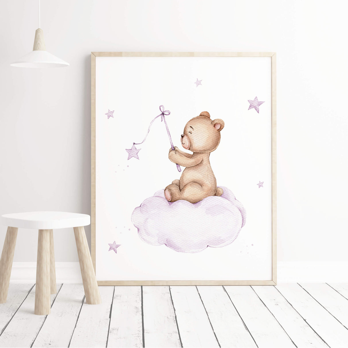 Watercolor teddy bear on the cloud in lilac, purple brown colors print for baby girls room decor.