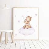 Watercolor teddy bear on the cloud in lilac, purple brown colors print for baby girls room decor.