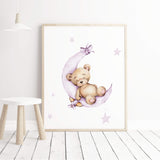 Watercolor teddy bear on moon in lilac, purple brown pastel colors print for baby girls room decor.