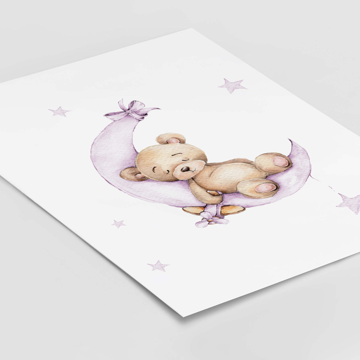 Watercolor teddy bear on the cloud in lilac, purple brown colors print for baby girls room decor.