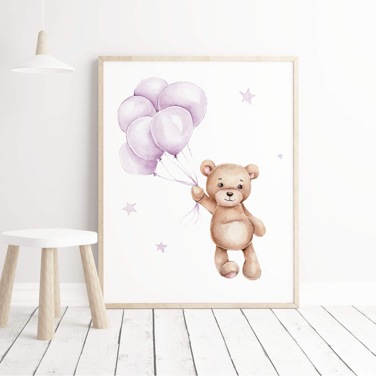 Watercolor purple teddy bear with balloon print for baby girls room decor.