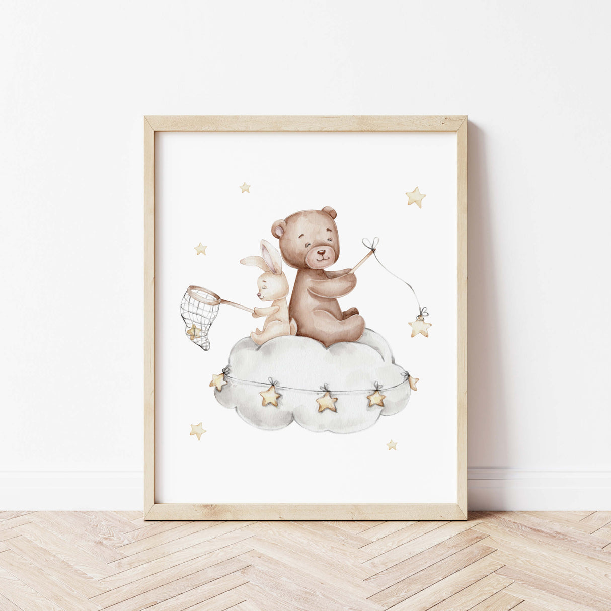 Watercolor teddy bear on the moon  print in gray, brown, yellow colors for gender neutral nursery decor, baby girls room decor, toddler room decor, baby boys room decor.