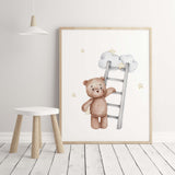 Watercolor teddy bear with ladder poster in gray, brown, yellow colors for gender neutral nursery decor, baby girls room decor, toddler room decor, baby boys room decor.