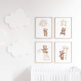 Set of 4 watercolor teddy bear print able in pink, brown, yellow colors for baby girls room decor and white nursery decor.