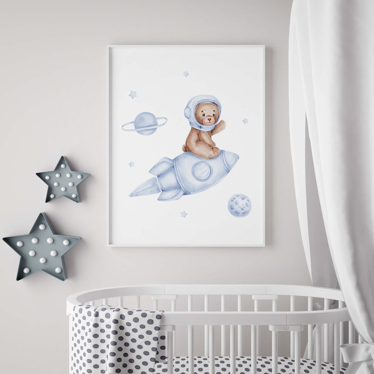 Set of 3 watercolor astronaut teddy bear in spaceship print with light blue and brown colors for toddler room decor and baby boys room decor, blue brown nursery decor.