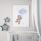 Set of 3 watercolor astronaut teddy bear with planet balloons print with light blue and brown colors for toddler room decor and baby boys room decor, blue brown nursery decor.