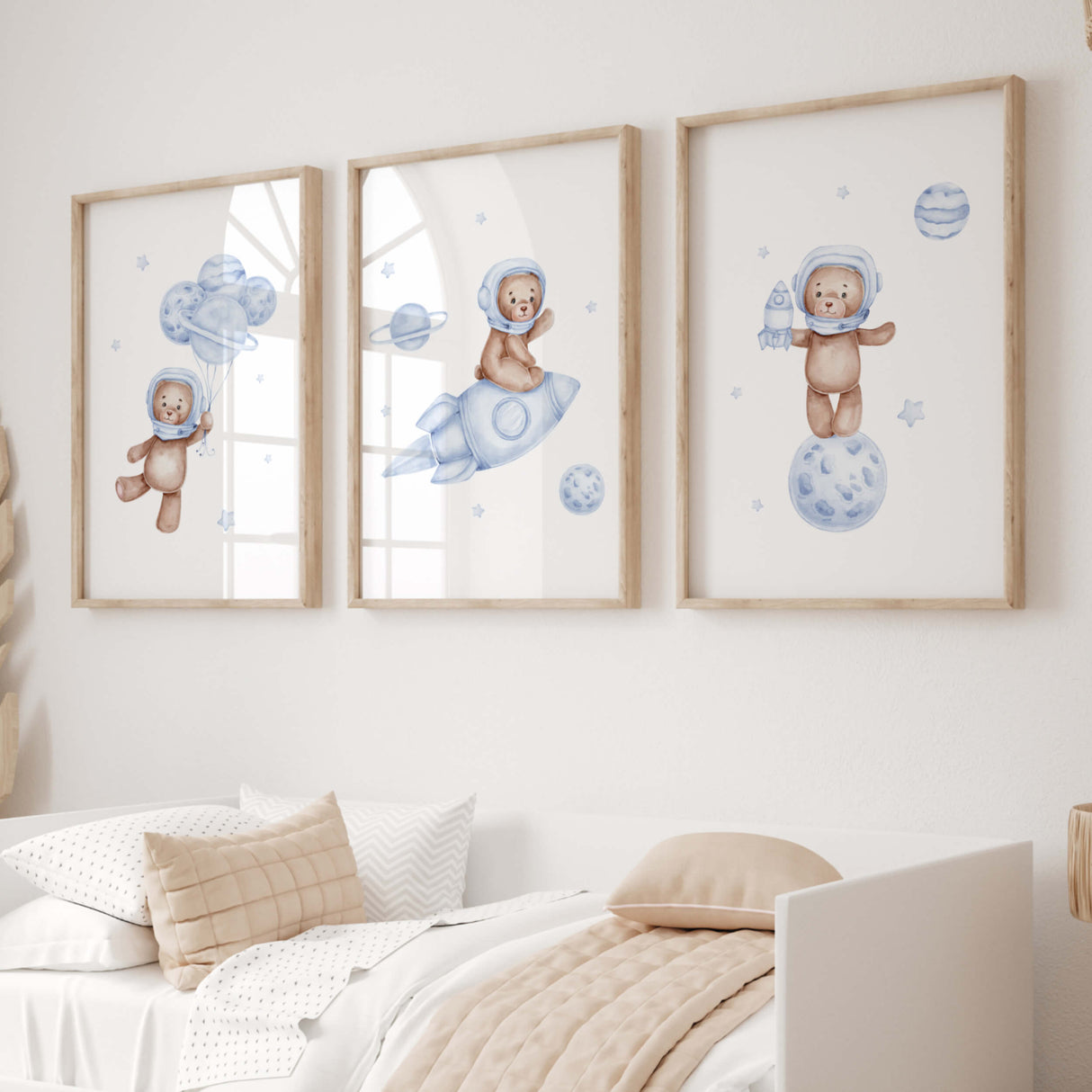 Set of 3 watercolor astronaut teddy bear in space print with light blue and brown colors for toddler room decor and baby boys room decor.