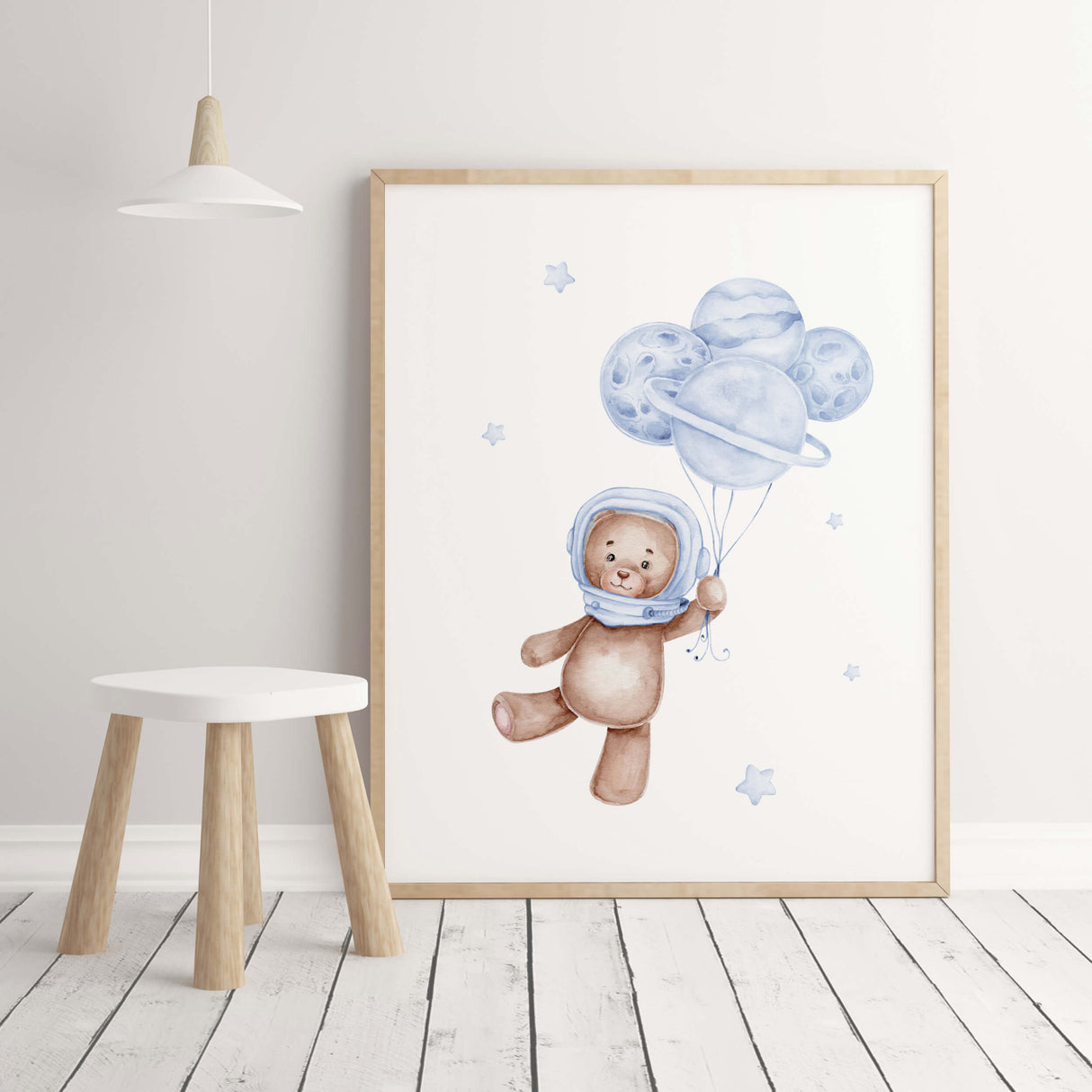 Set of 3 watercolor astronaut teddy bear in space print with light blue and brown colors for toddler room decor and baby boys room decor, blue brown nursery decor.