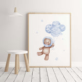 Set of 3 watercolor astronaut teddy bear in space print with light blue and brown colors for toddler room decor and baby boys room decor, blue brown nursery decor.