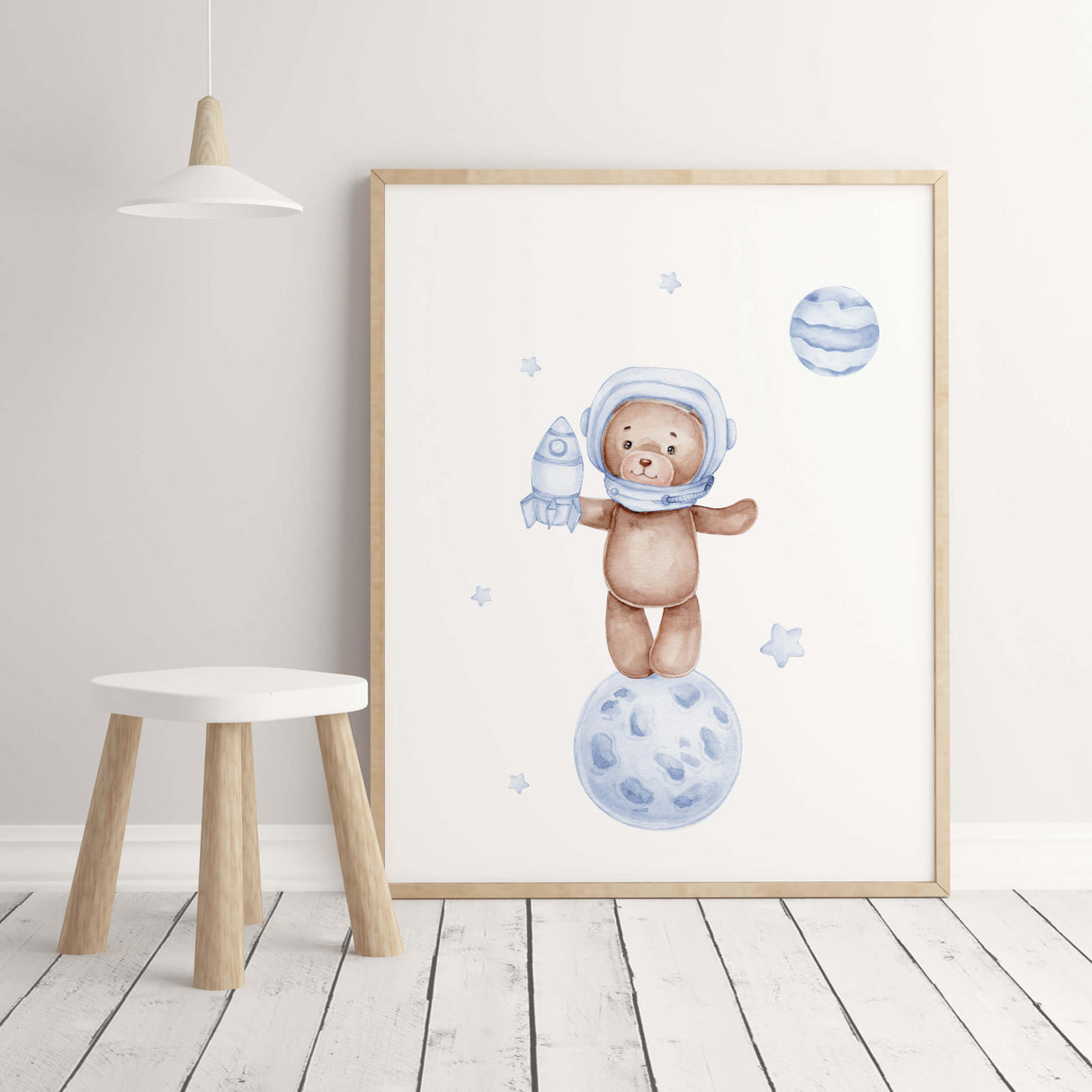 Watercolor astronaut teddy bear in space print with light blue and brown colors for toddler room decor and baby boys room decor.