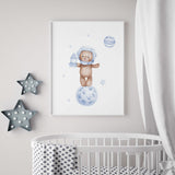 Watercolor astronaut teddy bear in space print with light blue and brown colors for toddler room decor and baby boys room decor.