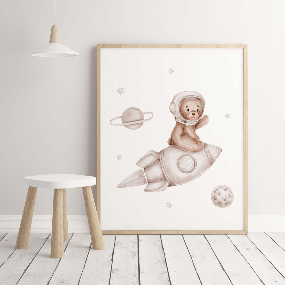 Set of 3 watercolor astronaut teddy bear in space poster with beige and brown colors for gender neutral nursery decor.