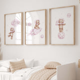 Set of 3 watercolor astronaut teddy bear printable in pink and brown colors for baby girls room decor.