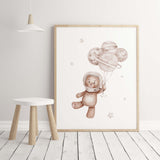 Set of 3 watercolor astronaut teddy bear with planets print with beige and brown colors for gender neutral nursery decor.