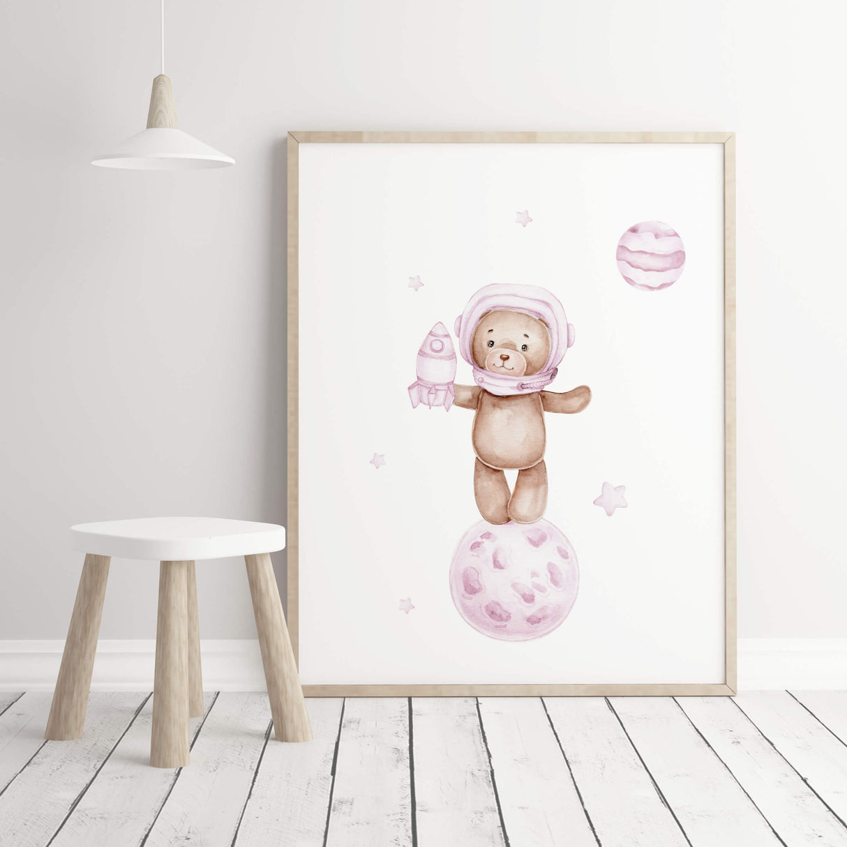 Watercolor pink brown astronaut teddy bear in spaceship print for baby girls room decor and pink brown nursery decor.