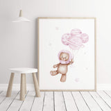 Watercolor pink brown astronaut teddy bear with planets balloon print for baby girls room decor and pink brown nursery decor.