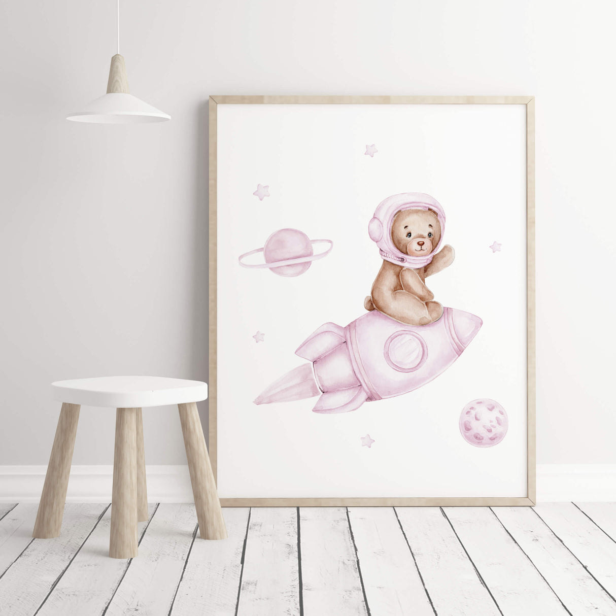 Watercolor astronaut teddy bear in spaceship print for baby girls room decor.