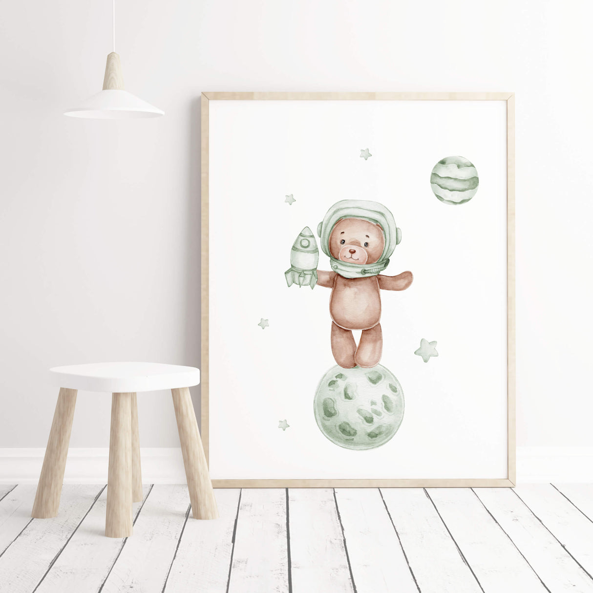 Watercolor astronaut teddy bear with spaceship in sage green, brown colors with planets balloon print for gender neutral nursery decor.