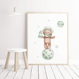 Watercolor astronaut teddy bear with spaceship in sage green, brown colors with planets balloon print for gender neutral nursery decor.