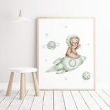 Watercolor astronaut teddy bear in spaceship with sage green, brown colors with planets balloon print for gender neutral nursery decor.