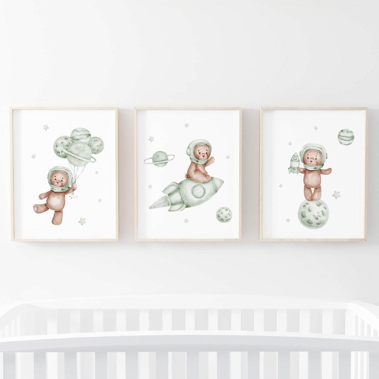 Set of 3 watercolor astronaut teddy bear in sage green, brown colors  poster for white, sage green, beige nursery decor.