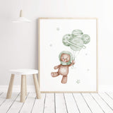 Set of 3 watercolor astronaut teddy bear in sage green, brown colors with planets balloon print for gender neutral nursery decor.