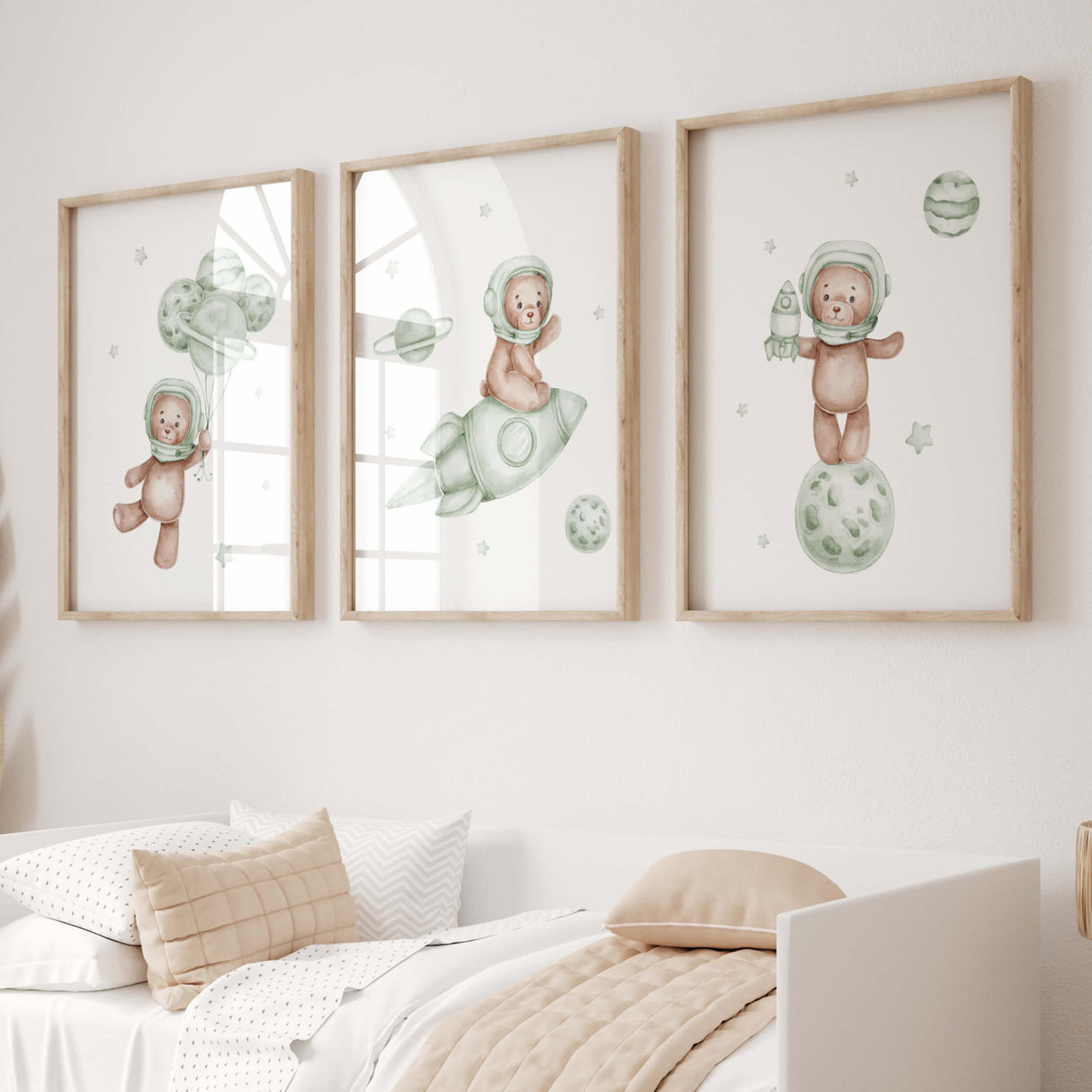 Set of 3 watercolor teddy bear in space with sage green, brown colors print for gender neutral nursery decor.